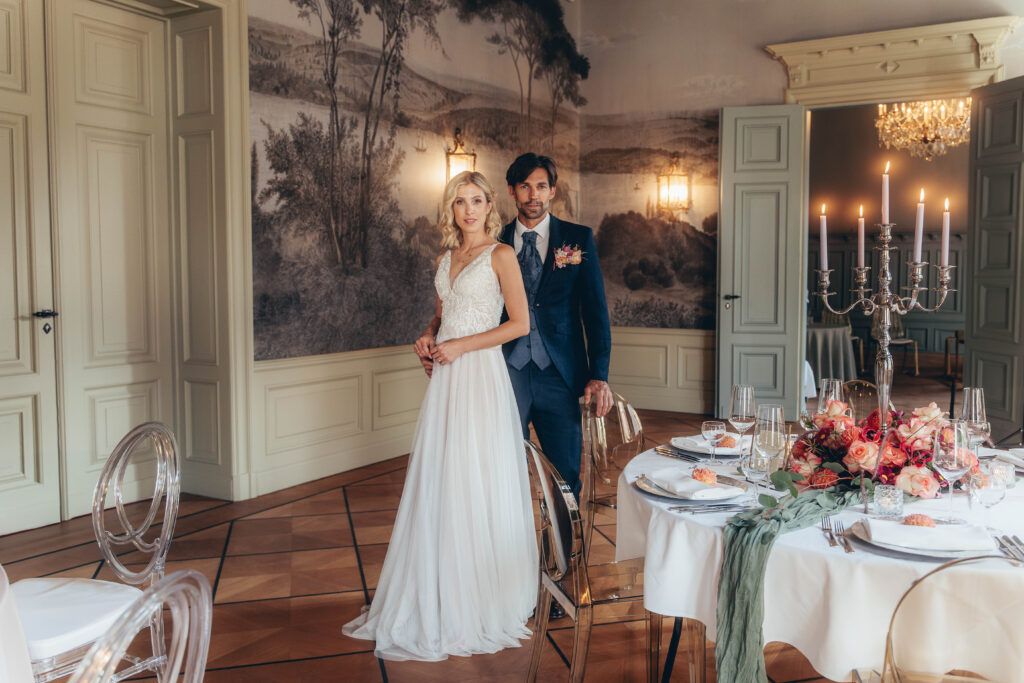 editorial wedding photographer bride groom elegant table setting castle wedding europe